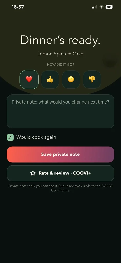 Dinner’s ready – Rate it & keep private notes