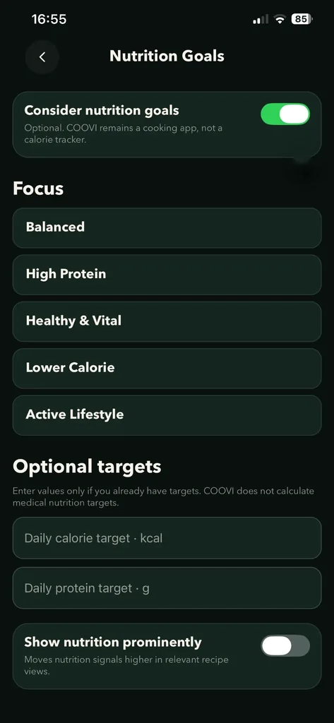 Nutrition goals – Optional, always in your control